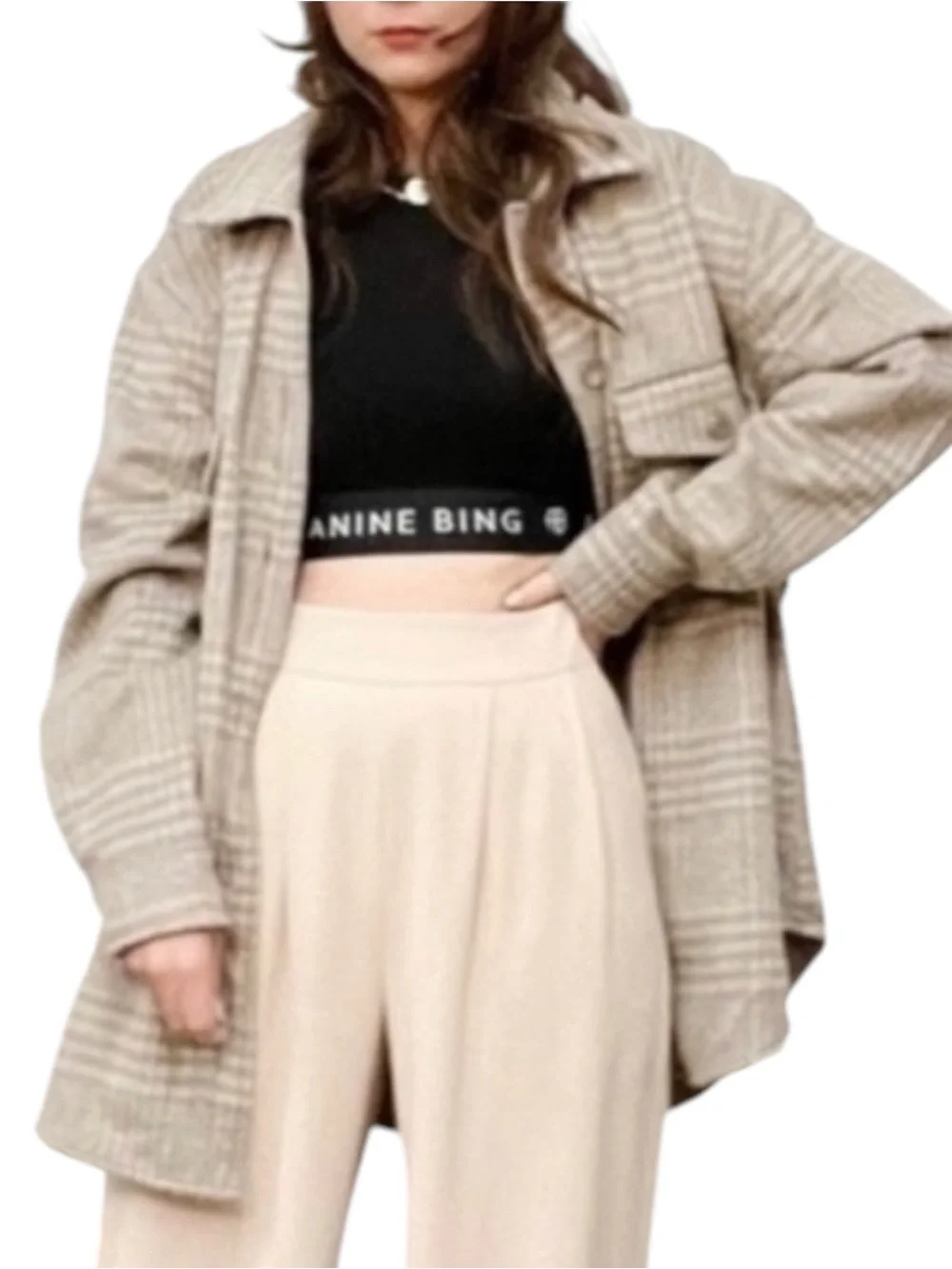 JOIE Plaid Thick Flannel Button-Up Fleece Oversized Shacket in Tan/Cream Size M